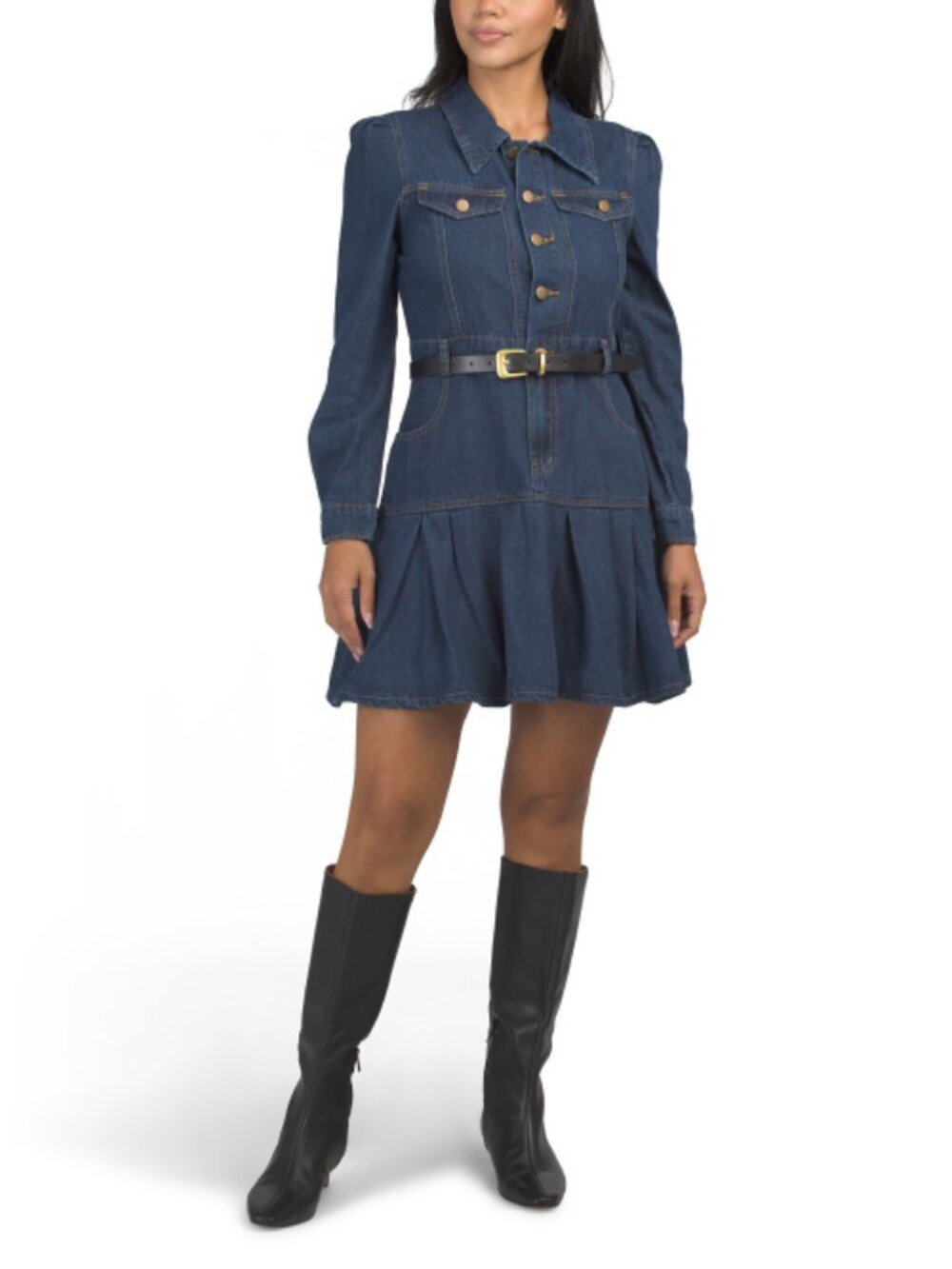 WDNY Belted Denim Mini Shirt Dress